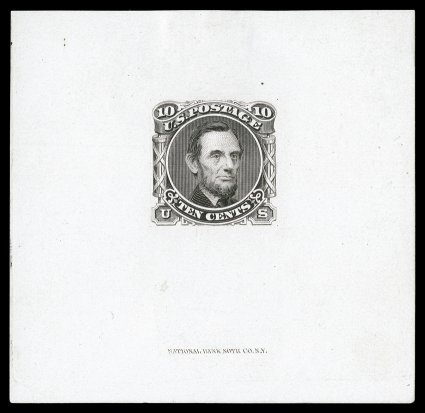 116-E1e, 10c Lincoln, unadopted design, large die essay in Black brown on ivory paper, measuring 65x63mm, with National Bank Note Co. imprint at bottom, small hinge thin at
bottom center, otherwise very fine the Black brown color is the rares