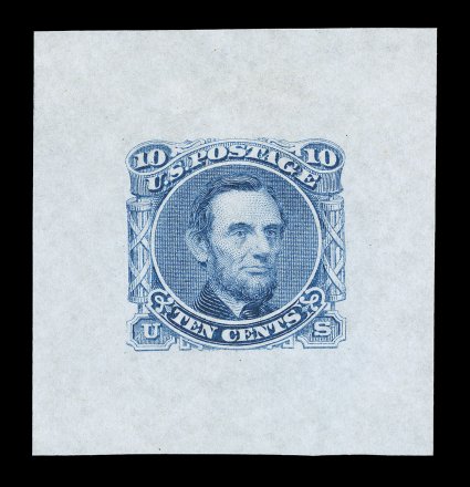 116-E1f, 10c Lincoln, unadopted design, large die essay in Blue on clear white thin bond paper, measuring 36x38mm, without imprint at bottom, very fine and
choice.