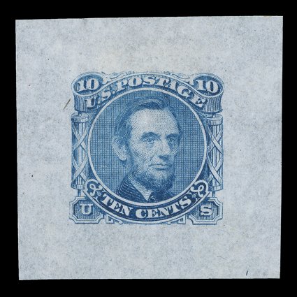 116-E1i, 10c Lincoln, unadopted design, large die essay in Blue on pale greenish gray bond paper, measuring 34x34mm, without imprint at bottom, very fine essays on this
distinctive paper are decidedly more elusive than the other papers found on