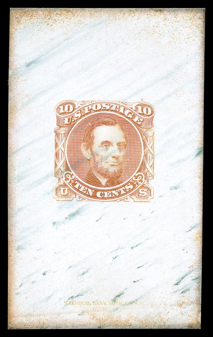 116-E1j, 10c Lincoln, unadopted design, large die essay in Red orange on green veined white ivory card, full size measuring 38x63mm, with National Bank Note Co. imprint at
bottom, very fine an extremely rare essay, of which only two in this
