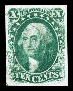 13, 10c Green, Ty. I, used, large perfectly balanced margins all around, deep prooflike color and impression, very light and unobtrusive strike of a town datestamp, extremely
fine a lovely used gem 1985 PF certificate.