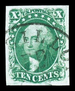 14, 10c Green, Ty. II, gem used example, featuring four lavishly large and uniformly balanced margins, unusually bright vivid color and a detailed impression on fresh paper,
light neat strike of a town c.d.s., extremely fine a most appealing st