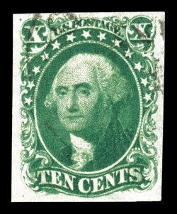 16, 10c Green, Ty. IV, position 76L1, recut at bottom only, used, four large to very large margins, rich color in an unusually deep shade, crisp detailed impression,
exceedingly light and virtually face-free town c.d.s., very fine a choice exam