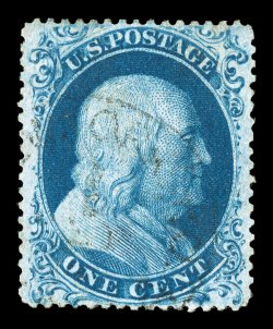 22, 1c Blue, Ty. IIIa, a gorgeous used example that is larger than normal and is as perfectly centered as one could hope to see, the size and centering of this stamp allows
for full display of the entire outer curve at bottom along with the plum