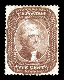 29, 5c Brown, Ty. I, a very rare mint example that is uncommonly well centered and margined, deep luxuriant color, full clean original gum, lightly hinged, very fine and
choice the 1859 Five Cent Brown Type I is one of the most underrated 19th