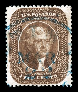 30A, 5c Brown, Ty. II, a lovely used example, featuring near perfect centering amid uncharacteristically large margins, just as impressive is this stamps incredibly intense
color and an impression that would rival any proof, very light central
