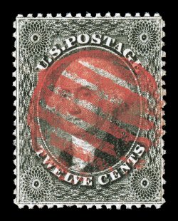 36, 12c Black, plate I, an eye-arresting used example, possessing outstanding centering for this tightly margined stamp, plus its intense color and impression are wonderfully
complemented by a striking central strike of a vivid red grid canc