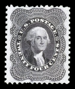 45, 24c Blackish violet reprint, without gum as issued, unusually well centered for this value within well balanced margins, especially deep rich color and a strong prooflike
impression on bright paper, extremely fine a wonderfully select examp