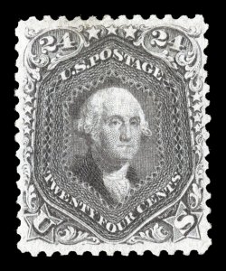 60, 24c Dark violet August, an extraordinary quality example of this very rare stamp, easily among the finest in existence, as this remarkable stamp features near perfect
centering within large margins, rich distinctive color and a crisp d