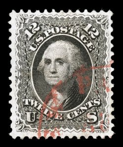 69, 12c Black, an especially pretty used example, being quite well centered amid large margins, intensely rich color and a wonderfully detailed impression on bright paper,
with a vivid red town c.d.s. which complements its overall eye appeal