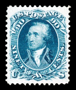 72, 90c Blue, a gem unused example, possessing not only superb centering amid margins which are uncharacteristically large for this, but its color and impression are equally
striking, being an especially intense shade with a clarity of impressio
