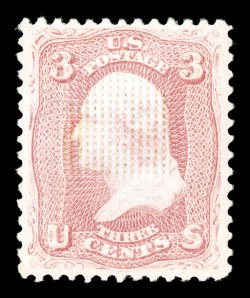 85, 3c Rose, D grill, incredibly well centered within uncharacteristically large margins, brilliantly fresh and crisp, with gloriously rich color and a strong detailed
impression on immaculate paper, its perforations are uniformly even and int