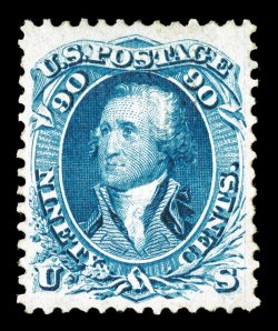 101, 90c Blue, F grill, flawlessly centered, deep luxuriant color and an excellent clarity of impression on wonderfully fresh paper, full clean original gum, lightly hinged,
an extremely fine gem in every regard.The 1868 Ninety Cent F gril
