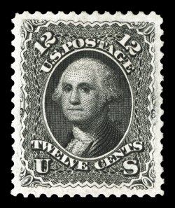 107, 12c Black re-issue, a gem mint example possessing virtually perfect centering amid very large margins, plus its color and impression could not be more prooflike on bright
paper, full o.g., relatively lightly hinged, extremely fine and excee