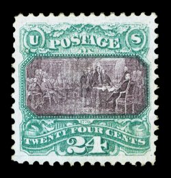 120, 24c Green and violet, an incredibly handsome and choice unused example, possessing mathematically precise centering within unusually large margins, equally impressive are
this stamps marvelously fresh colors and sharp detailed impressions