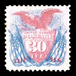 121, 30c Blue and carmine, a lovely mint example of this perennially difficult and elusive mint classic, being fabulously well centered within extravagantly large margins,
gorgeous eye-arresting pastel colors, completely free of the faults which