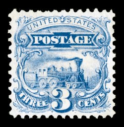 125, 3c Blue re-issue, a most impressive unused example that possesses as perfect of centering as we have ever encountered on this rare and difficult re-issue, mathematically
balanced margins, prooflike color and impression on bright paper, even