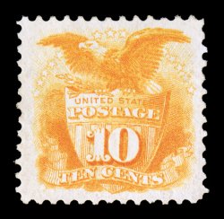 127, 10c Yellow re-issue, a premium quality mint example, featuring eye-arresting color that is both deep and vibrant, plus its impression is considerably stronger than usual,
extravagantly large and balanced margins all around, full o.g., light