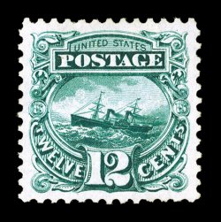 128, 12c Green re-issue, unused, mathematically precise centering amid huge margins, deep rich shade and a crisp detailed impression on especially fresh paper, extremely fine
a striking large-margined gem only 1,584 were sold 2001 PF certific