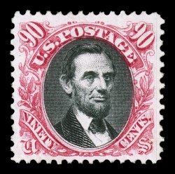 132, 90c Carmine and black re-issue, a brilliantly fresh and choice mint example of this scarce and popular re-issue high value, possessing fabulously intense colors and
prooflike impression on crisp paper, marvelously well centered, full clean