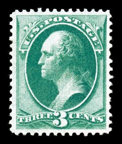 136, 3c Green with grill, extraordinarily fresh and bright overall, deep luxuriant color, exceptionally well centered within unusually large margins, full o.g. which shows the
grill impression wonderfully well, lightly hinged, extremely fine 19