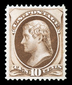 150, 10c Brown, an especially choice and wonderfully fresh mint example of a terribly difficult stamp, exceptionally well centered within uncharacteristically large margins,
luxuriously rich color and a sharp impression on bright paper, full o.g