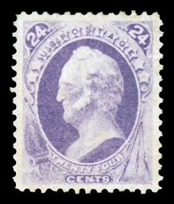 153, 24c Purple, a wonderful mint example of this perennially difficult Bank Note, possessing several features so often lacking on most existing copies, not the least of which
is its outstanding centering amid uncharacteristically large margins,