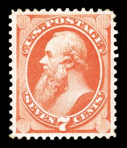 160, 7c Vermilion, an exceedingly handsome mint example in a quality far superior to most as this stamp features outstanding freshness, with color that is bright and its
impression sharp, while its centering approaches perfection amid very large