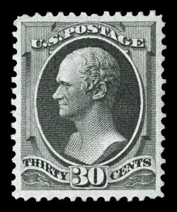 165, 30c Gray black, a magnificent quality mint example that boasts outstanding centering amid lavishly large balanced margins, wonderfully fresh color and an uncommonly crisp
impression, the reverse is just as impressive, with fresh clean o.g.