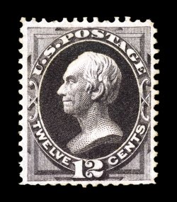 173, 12c Dark violet special printing, without gum as issued, extraordinarily well centered for this difficult and rare stamp, deep luxuriant color and impression on bright
paper, virtually intact non-scissor separated perforations all around (a