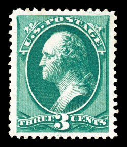184, 3c Green, extravagantly large and uniformly balanced margins all around, intense color and impression which contrasts nicely with its bright paper, full o.g., relatively
lightly hinged, extremely fine gem 1997 PF certificate.