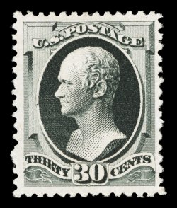201, 30c Greenish black special printing, without gum as issued, marvelously well centered within uncharacteristically large margins, rich unmistakable greenish black color
and a strong impression on bright paper, unusually even and intact perfo