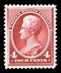 215, 4c Carmine, gem mint example that possesses mathematically precise centering within unusually large margins, gorgeous intense color and a prooflike impression on pristine
paper, unblemished o.g., never hinged, extremely fine a scarce and d