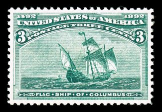 232, 3c Columbian, a stunning mint example that is the epitome of perfection, possessing absolutely flawless centering amid exceptionally large margins, prooflike color and a
razor-sharp impression on pristine paper, even its perforations are un