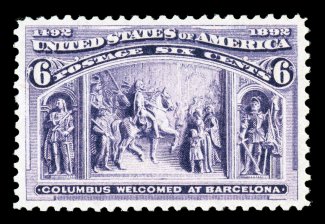 235, 6c Columbian, sumptuously rich color in an especially deep shade, razor-sharp impression on bright paper, exceptionally well centered, o.g., n.h., extremely fine a
pristine example 2009 PSE certificate (XF 90 SMQ $530.00).