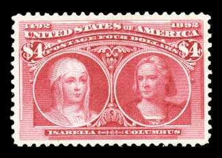 244, $4.00 Columbian, a highly desirable mint single that possesses outstanding centering within uncommonly large margins, sumptuously rich color, o.g., lightly hinged,
extremely fine 1998 PF certificate.