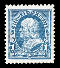 247, 1c Blue, striking jumbo-margined mint example, boasting huge margins all around and being incredibly well centered within them, prooflike color and impression on
especially bright paper, o.g., barest trace of hinging an extremely fine gem