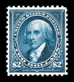 262, $2.00 Bright blue, exceptionally fresh mint example of this scarce stamp, deep luxuriant color and a clean crisp impression, well centered, o.g., lightly hinged, very
fine 1978 and 1998 PF certificates.