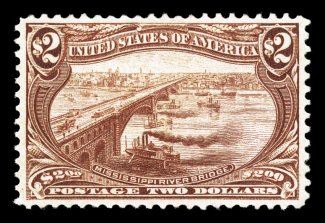 293, $2.00 Trans-Mississippi, a choice and handsome example of this scarce and always difficult commemorative high value, possessing near perfect centering which is terribly
challenging to find, in addition its margins are larger than typically