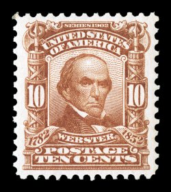 307, 10c Pale red brown, a gem mint single which possesses flawless centering amid large and wonderfully balanced margins, even its color is far more deep and intense than
usual, immaculate o.g., n.h., extremely fine not often seen in this gem