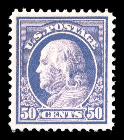 422, 50c Violet, double line watermark, magnificently centered, with exceptionally large and perfectly balanced margins all around, gorgeous intense color and impression which
contrast wonderfully well with its bright fresh paper, o.g., lightly