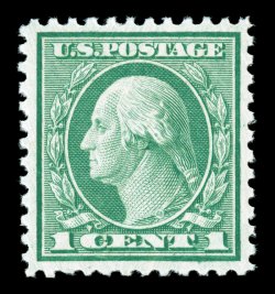 545, 1c Green coil waste, perf. 11, an outstanding mint example of this challenging coil waste issue, possessing far better centering than the vast majority, plus its margins
are considerably larger than typically associated with this, brilliant