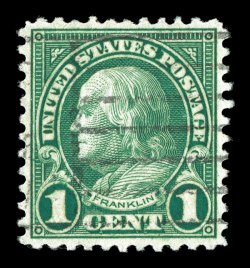 594, 1c Green coil waste, a phenomenal quality used example of one of the most notoriously difficult stamps in U.S. philately to find in premium condition, possessing near
perfect centering within large margins, deep luxuriant color and impressi