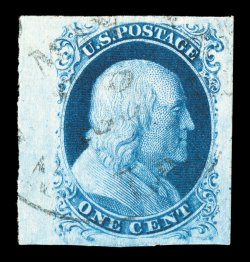 8A, 1c Blue, Ty. IIIa, Plate 4, left sheet-margin single, with the other three margins being extra-large and even, deep luxuriant color and a marvelously detailed impression on
fresh paper, c.d.s. town cancel that is unusually light and unobtrus
