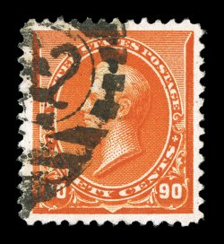 229, 90c Orange, dazzling intense color and impression, very well centered, duplex cancel, extremely fine 1988 and 1989 PF certificates (latter specifying this as the red
orange shade) ex-Saadi.