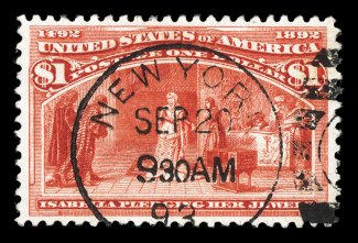 241, $1.00 Columbian, exceptionally well centered, deep vibrant color, neat New York duplex cancel, tiny natural inclusion speck in the top margin, choice very
fine.