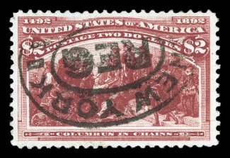 242, $2.00 Columbian, well centered and margined, strong color, New York oval registry cancel, very fine 1996 PF certificate.