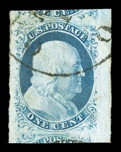 9, 1c Blue, Ty. IV, a spectacular stamp of immense size, sporting gigantic margins all around, including a sheet-margin at right and portions of the adjoining stamps at top and
bottom, warm color, light town c.d.s. cancel, extremely fine 2009 P