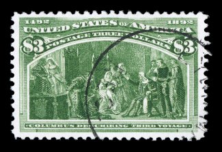 243, $3.00 Columbian, well centered within uncharacteristically large margins, brilliantly rich color on pristine white paper, light town c.d.s. cancel, very fine and most
attractive 1994 PSE certificate.