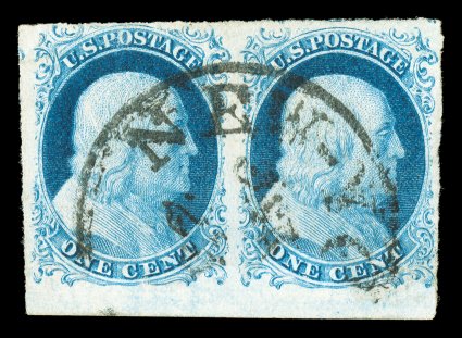 9, 1c Blue, Ty. IV, positions 98-99L1, horizontal pair, ample to large margins all around including an extra-large bottom sheet margin, rich color and a clean impression, New
York c.d.s., very fine-extremely fine 1987 PF certificate ex-Koppe